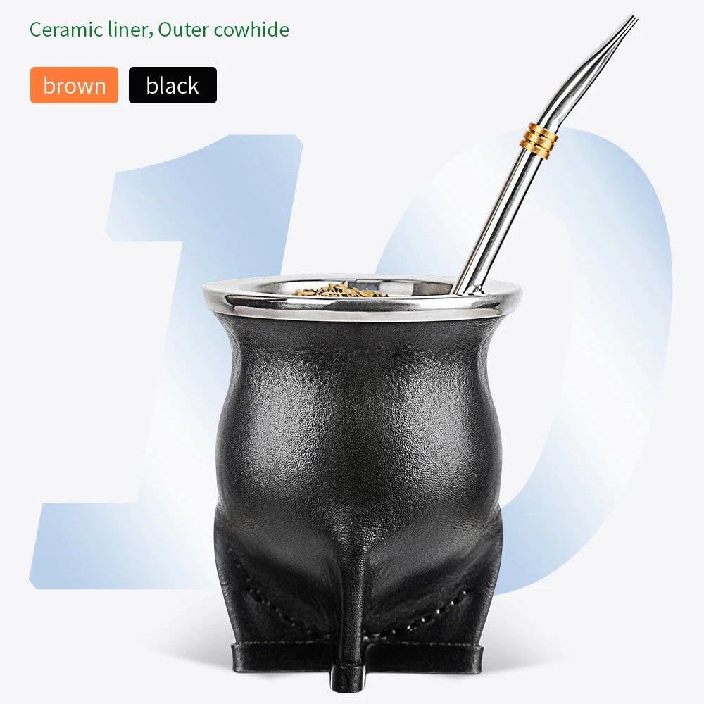 Ceramic Yerba Mate Gourd Cup | Porcelain Mate Tea Cup with Bombilla Straw & Cleaning Brush for Loose Leaf Tea