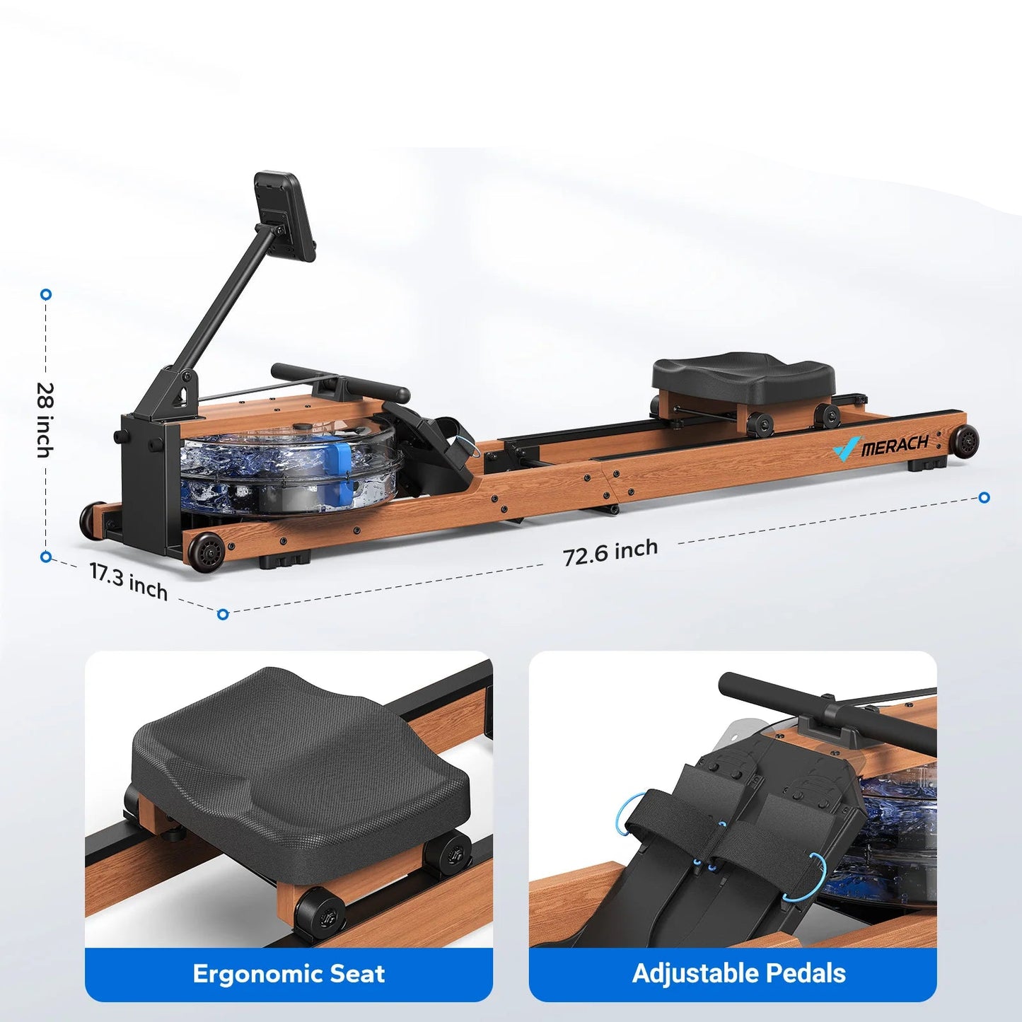 Foldable Solid Wood Water Rowing Machine | Natural Resistance, Bluetooth App, Workout Monitor, 400 lb Capacity & Upright Storage