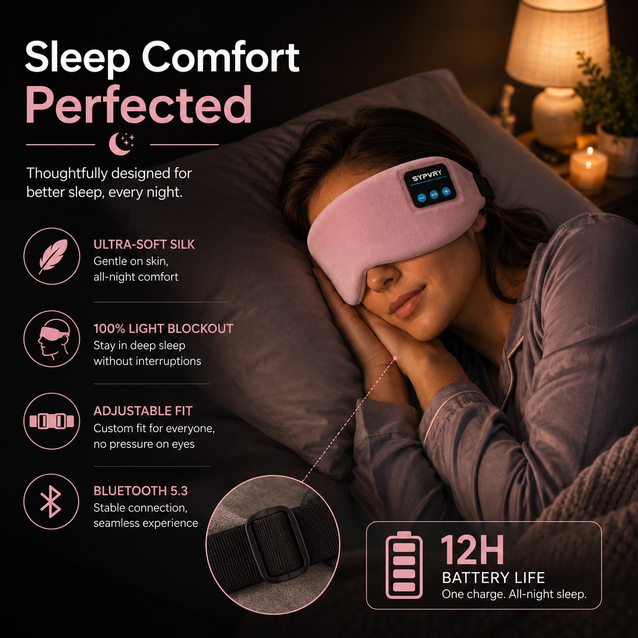 Bluetooth Sleep Mask | Silk Wireless Music Eye Mask with HD Audio, Light Blocking & 12h Battery
