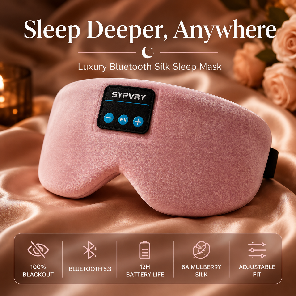 Bluetooth Sleep Mask | Silk Wireless Music Eye Mask with HD Audio, Light Blocking & 12h Battery