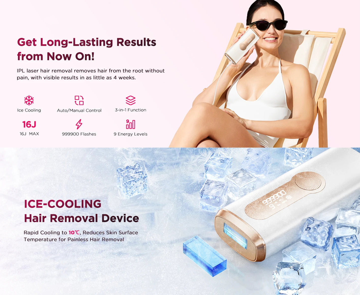 IPL Hair Removal Device | 999,900 Flashes, 8-Week Results, Auto-Glide Laser Epilator for Face, Body, Bikini â Painless & Safe