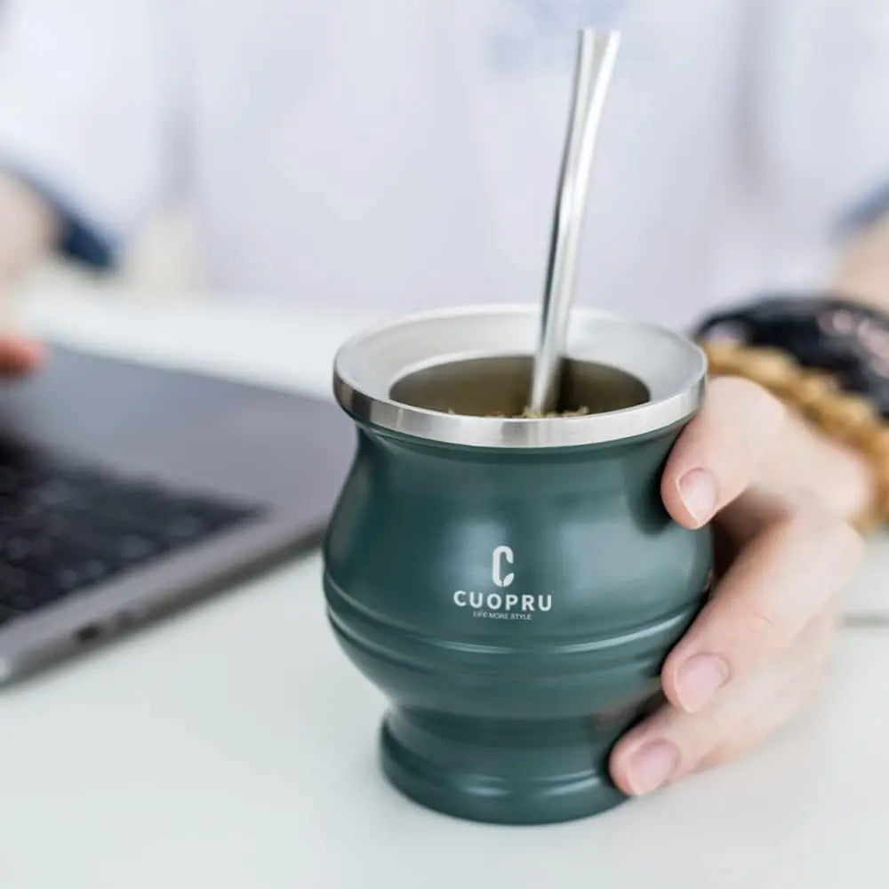 Premium Stainless Steel Yerba Mate Cup | Double-Wall Insulated Mate Gourd Set with Bombilla Straw Green