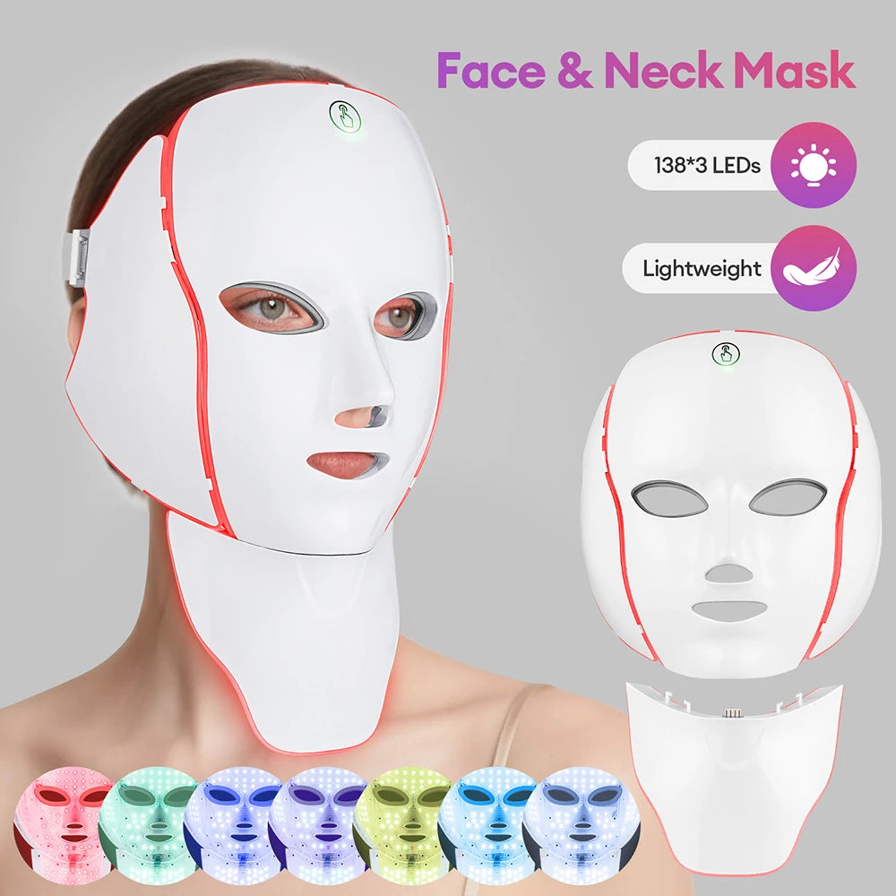 LED Face Mask with Neck Light Therapy | 7-Color Red Light Therapy Mask for Skin Firming, Wrinkles, Pores & Acne Care