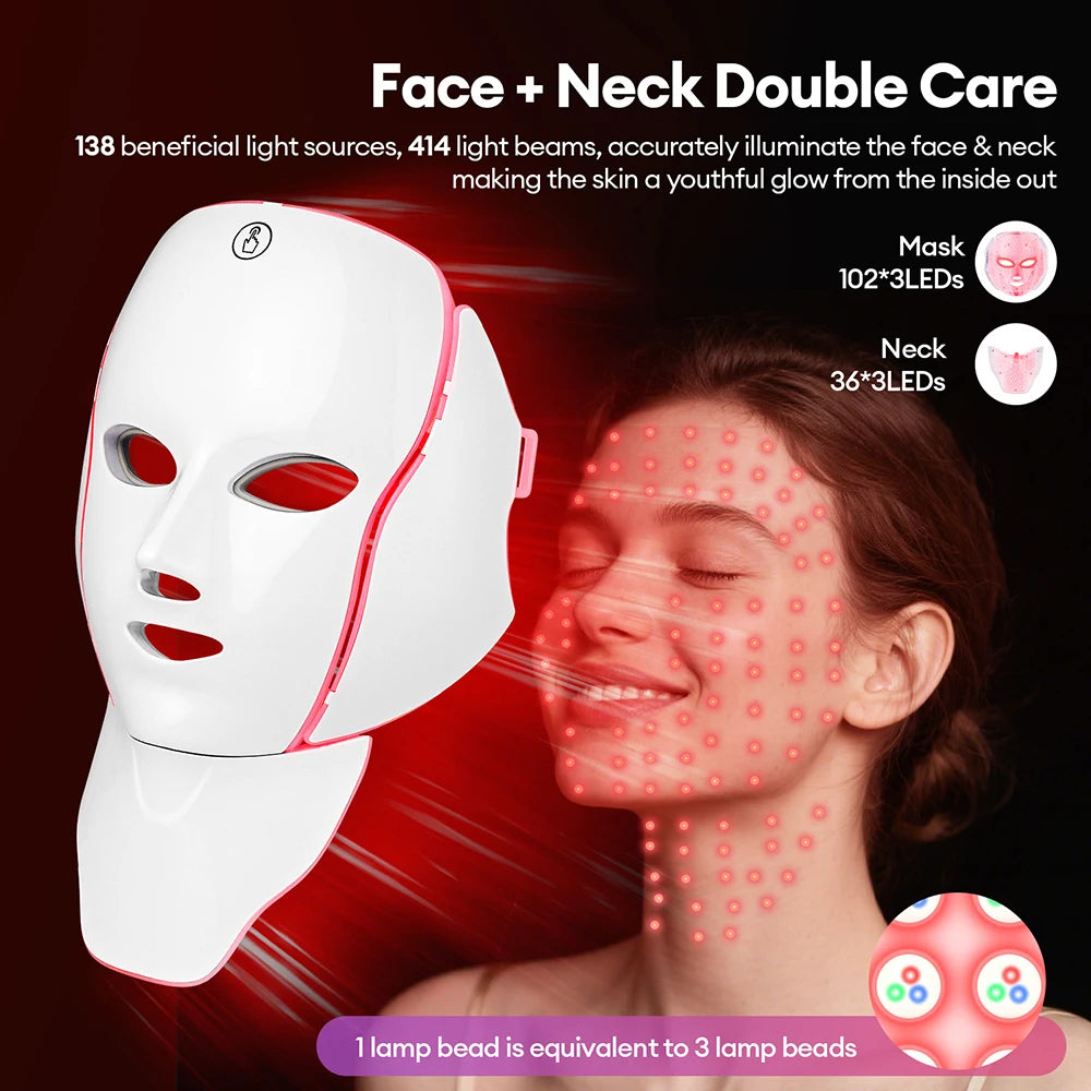 LED Face Mask with Neck Light Therapy | 7-Color Red Light Therapy Mask for Skin Firming, Wrinkles, Pores & Acne Care