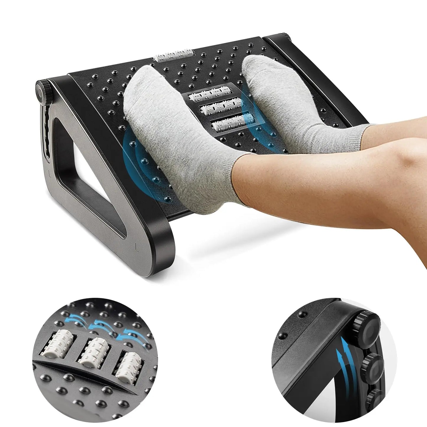 Adjustable Under Desk Foot Rest with Massage Rollers | 6 Height Levels, Tilting Platform & Non-Slip Office Foot Stool Black