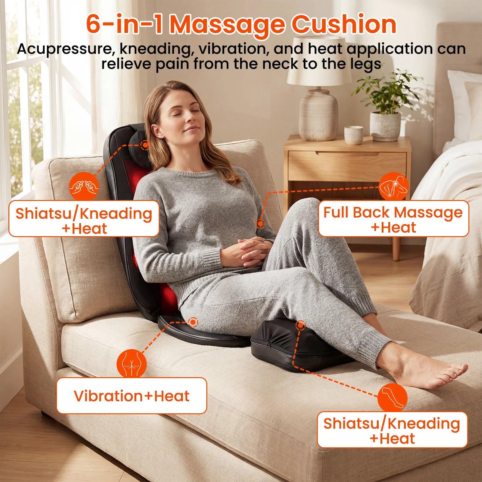 Back Massager Seat Cushion with Heat | Full Back Vibration Chair Massager for Neck, Waist, Hips & Office Chair