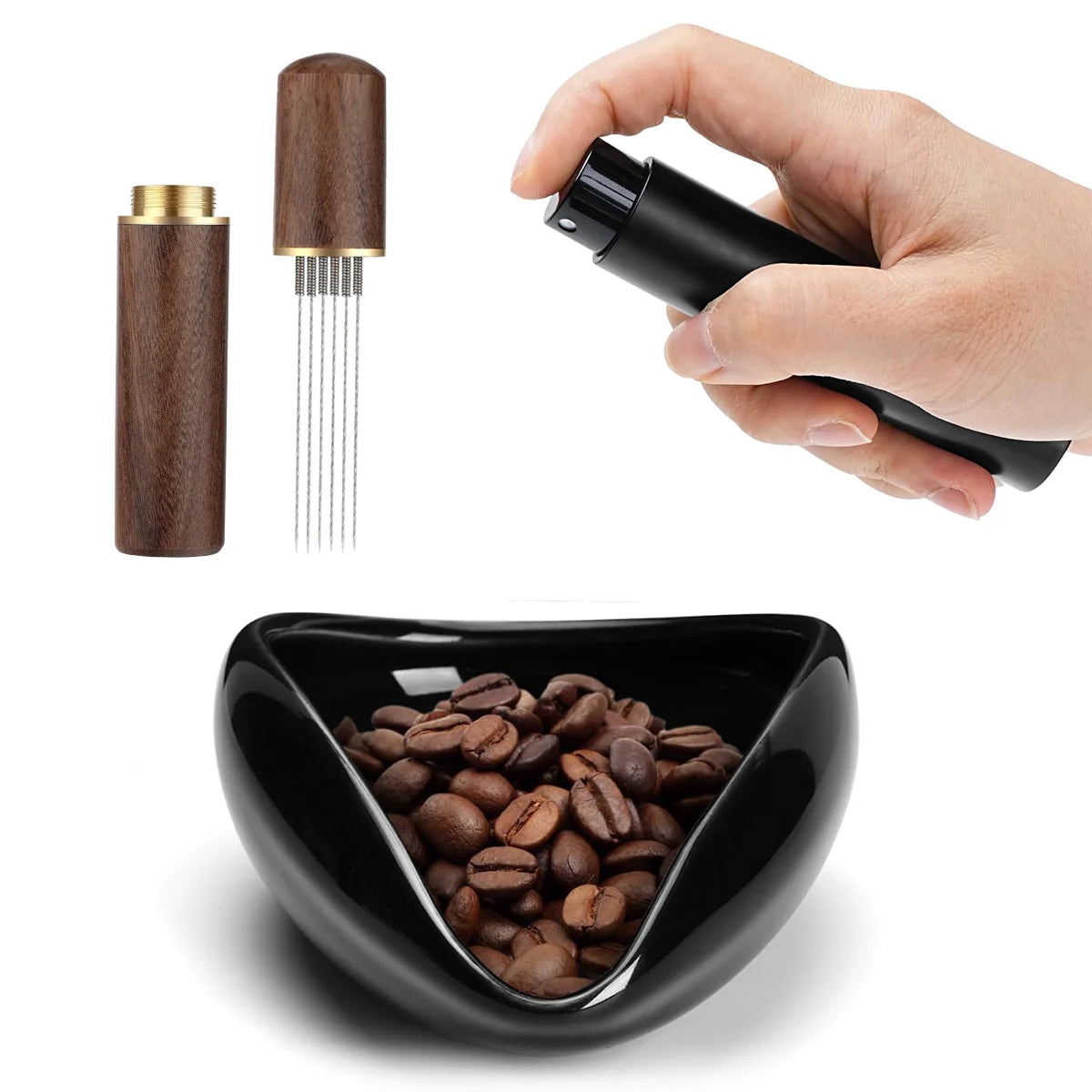 Coffee Bean Dosing Cup Set, Ceramic Bowl with WDT Tool and 10 ml Spray Bottle Black