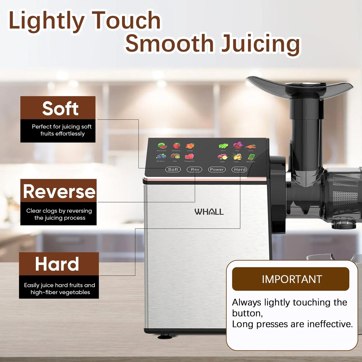 Cold Press Slow Masticating Juicer with Soft/Hard Modes, Touch Controls and Reverse