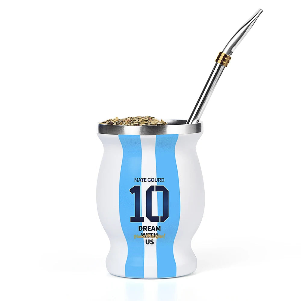 Yerba Mate Cup Set | Argentina-Inspired Stainless Steel Mate Gourd with Bombilla Straw & Cleaning Brush
