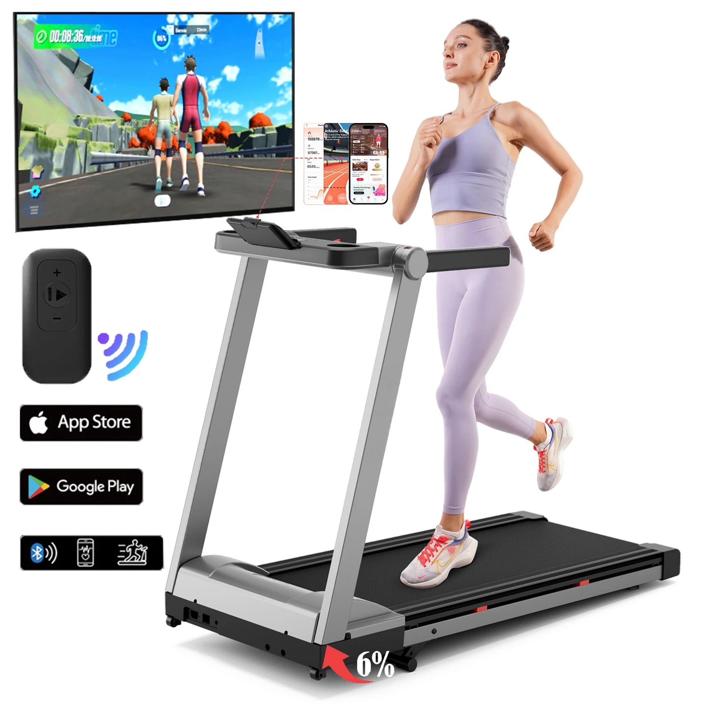 Foldable Treadmill with 6% Incline and 3.5HP Motor | 0.6–10 MPH, 350 lb Capacity, Bluetooth App & 7.9-Inch Folded Height Silver