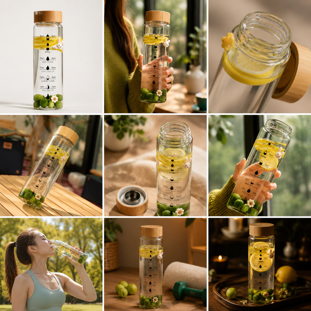 Glass Water Bottle with Time Markings | Borosilicate, Leakproof Bamboo Lid | Eco-Friendly, BPA-Free, Reusable Hydration Bottle 24oz / 32oz