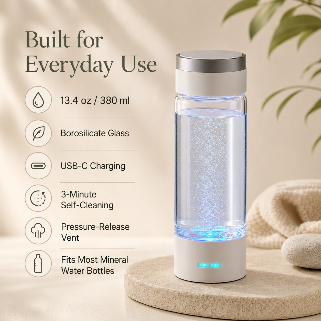 380ml Hydrogen Water Bottle Generator | 1000–2000 PPB, 3 & 10-Minute Cycles, USB-C, Self-Cleaning and Inhalation Kit