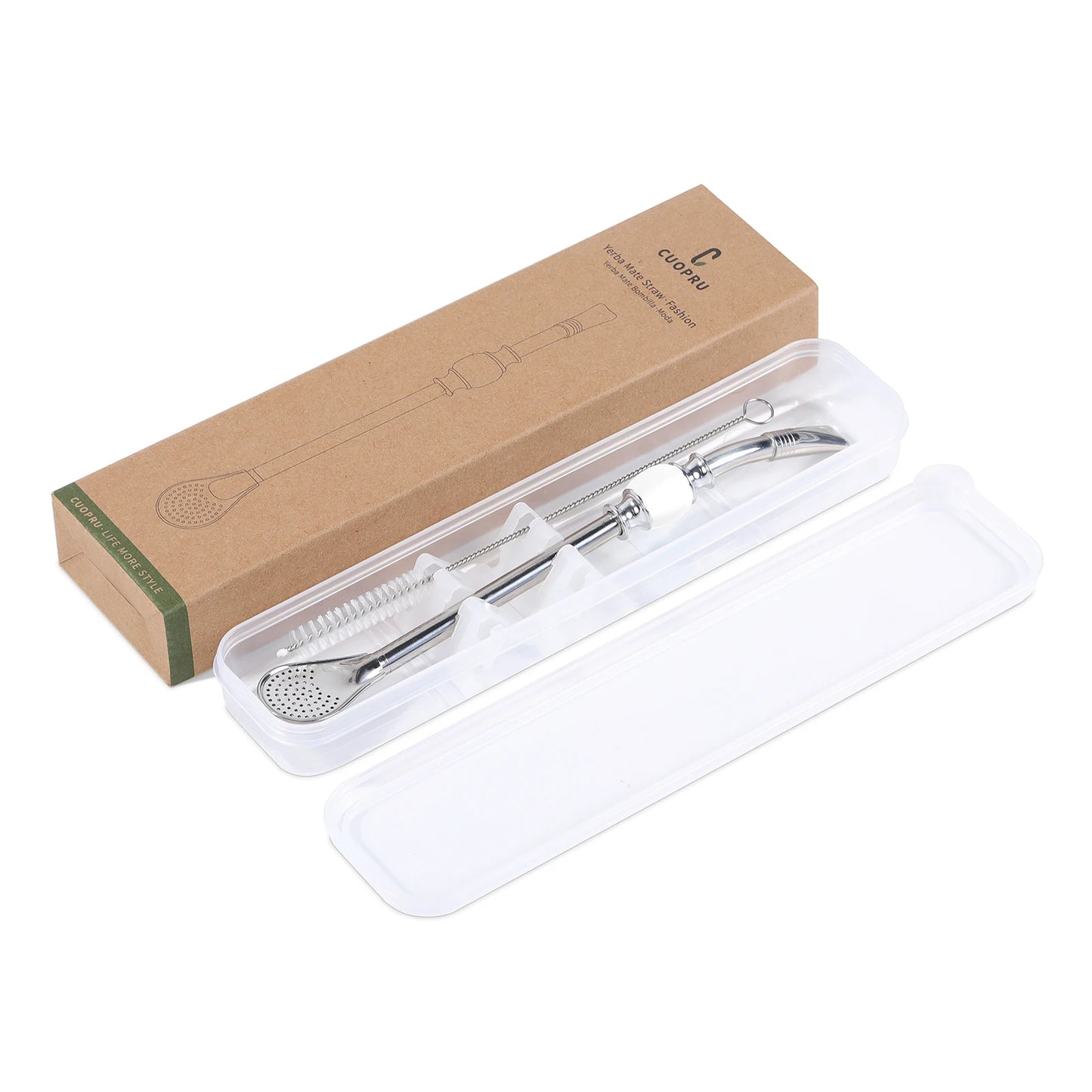 Stainless Steel Bombilla Straw Set | Reusable Yerba Mate Filter Straws with Cleaning Brushes White