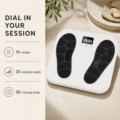 EMS TENS Foot Massager with 10 Modes, 20 Intensity Levels, LCD Controller, Remote & Rechargeable Design