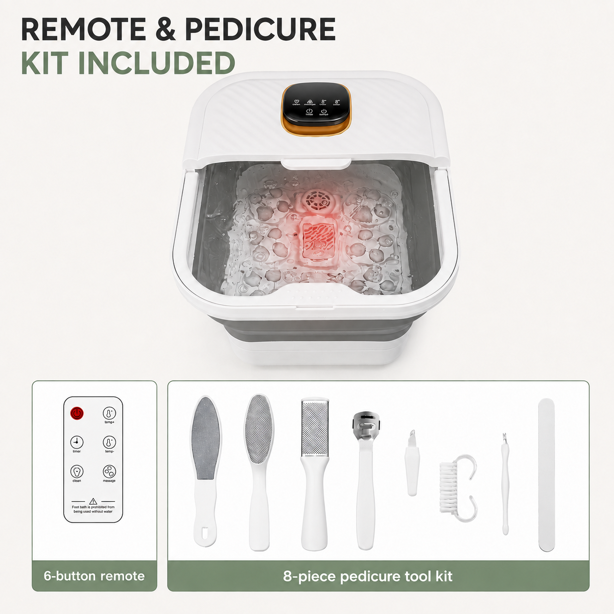 Collapsible Heated Foot Spa Massager with Motorized Rollers, Bubbles, Temperature Control & Pedicure Kit