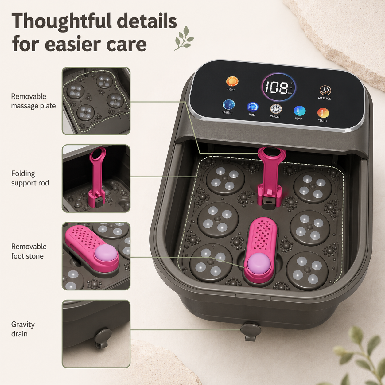 Collapsible Heated Foot Spa Bath Massager with Bubbles, Rollers, Temperature Control, Remote & Pedicure Stone