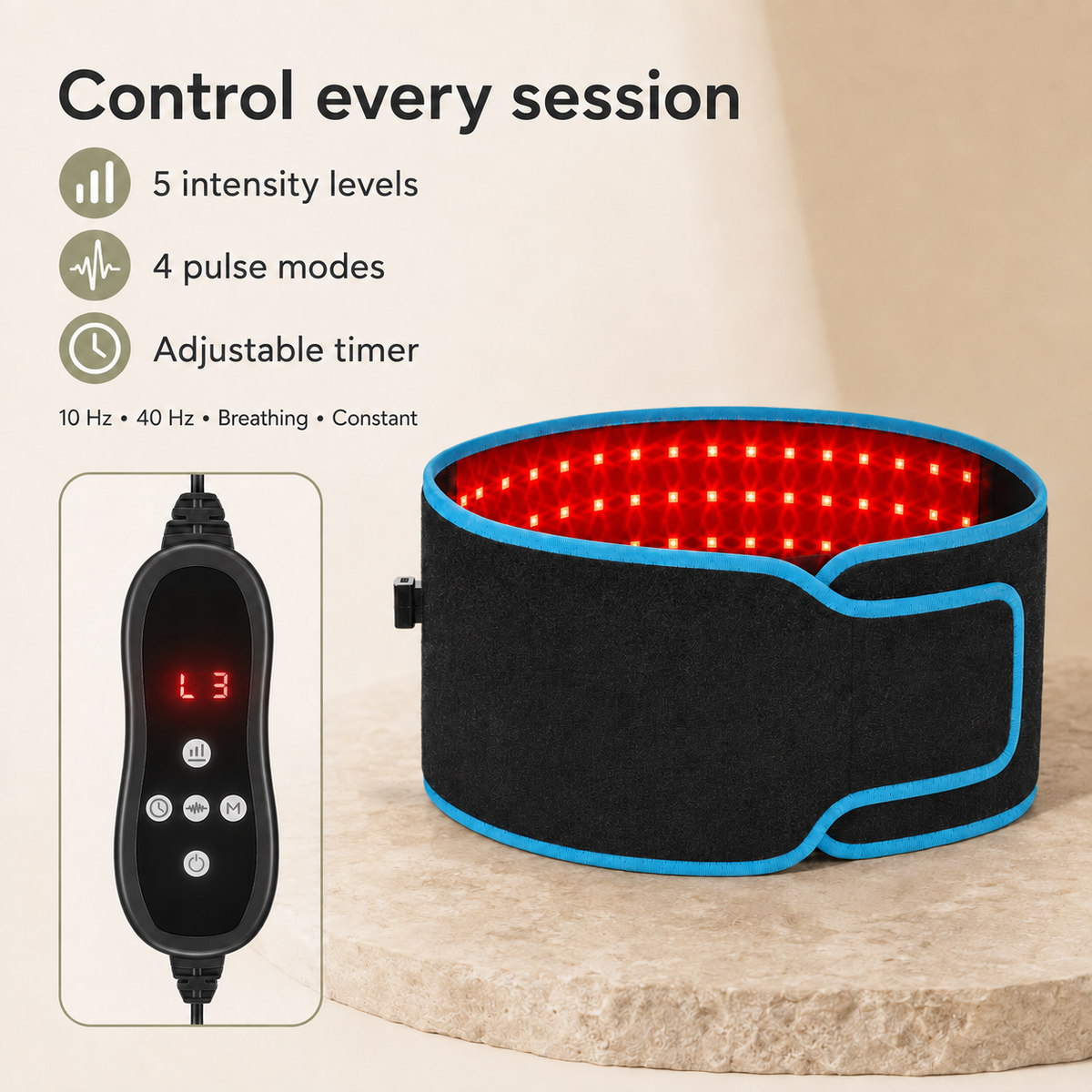 Red Light Therapy Belt with Near-Infrared LEDs and Adjustable Timer