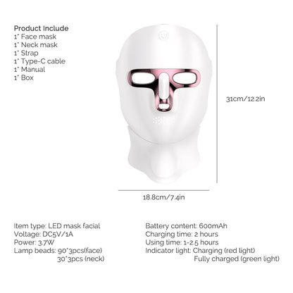 LED Face Mask with Neck Light Therapy | 7-Color Wireless Red Light Therapy Mask with 120 LEDs for Wrinkles & Acne Care