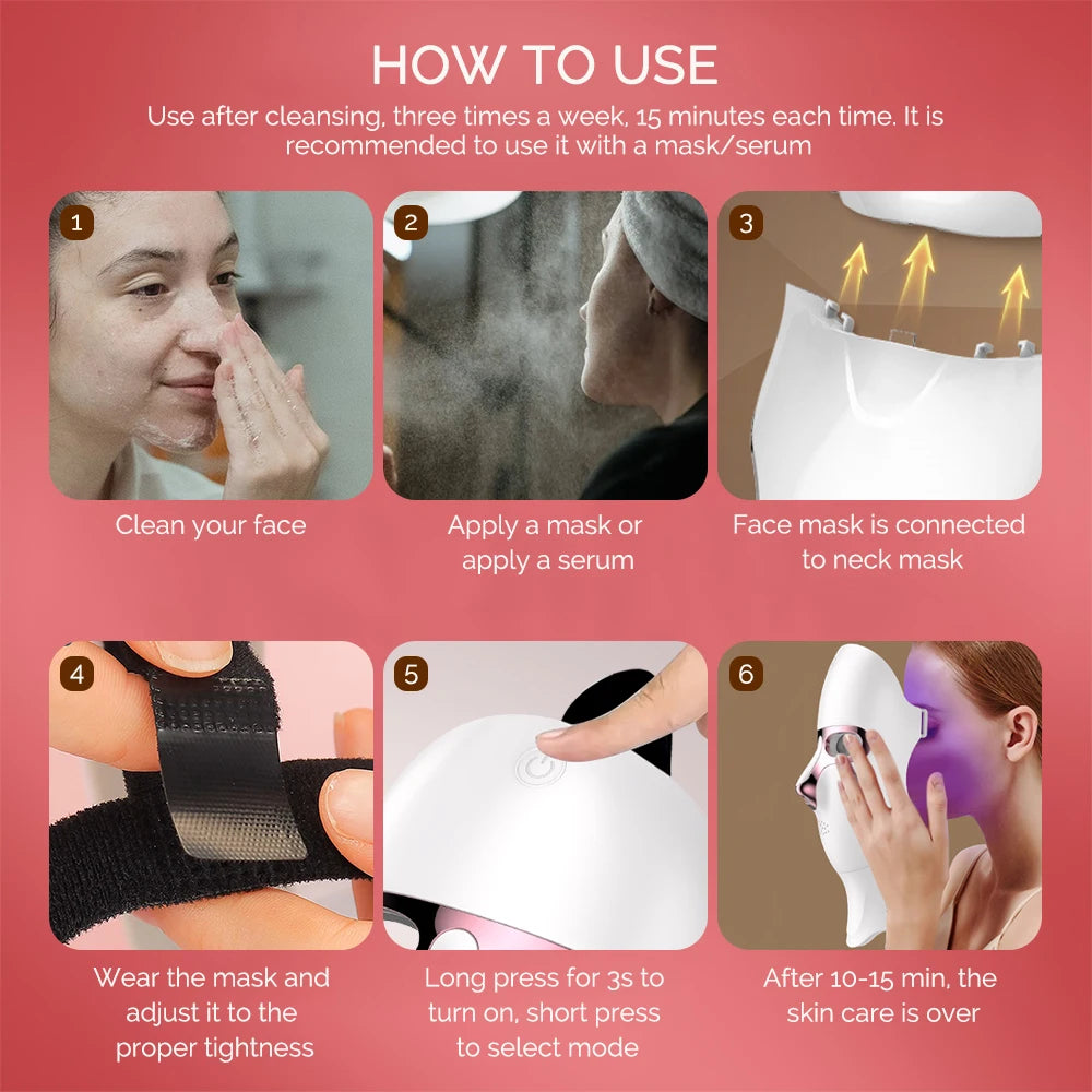 LED Face Mask with Neck Light Therapy | 7-Color Wireless Red Light Therapy Mask with 120 LEDs for Wrinkles & Acne Care