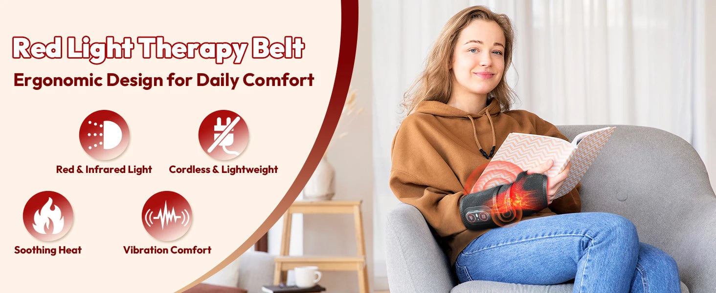 Red Light Therapy Wrap | Infrared Heating Pad with Vibration, 3 Heat Levels, USB-C Rechargeable & Adjustable Fit