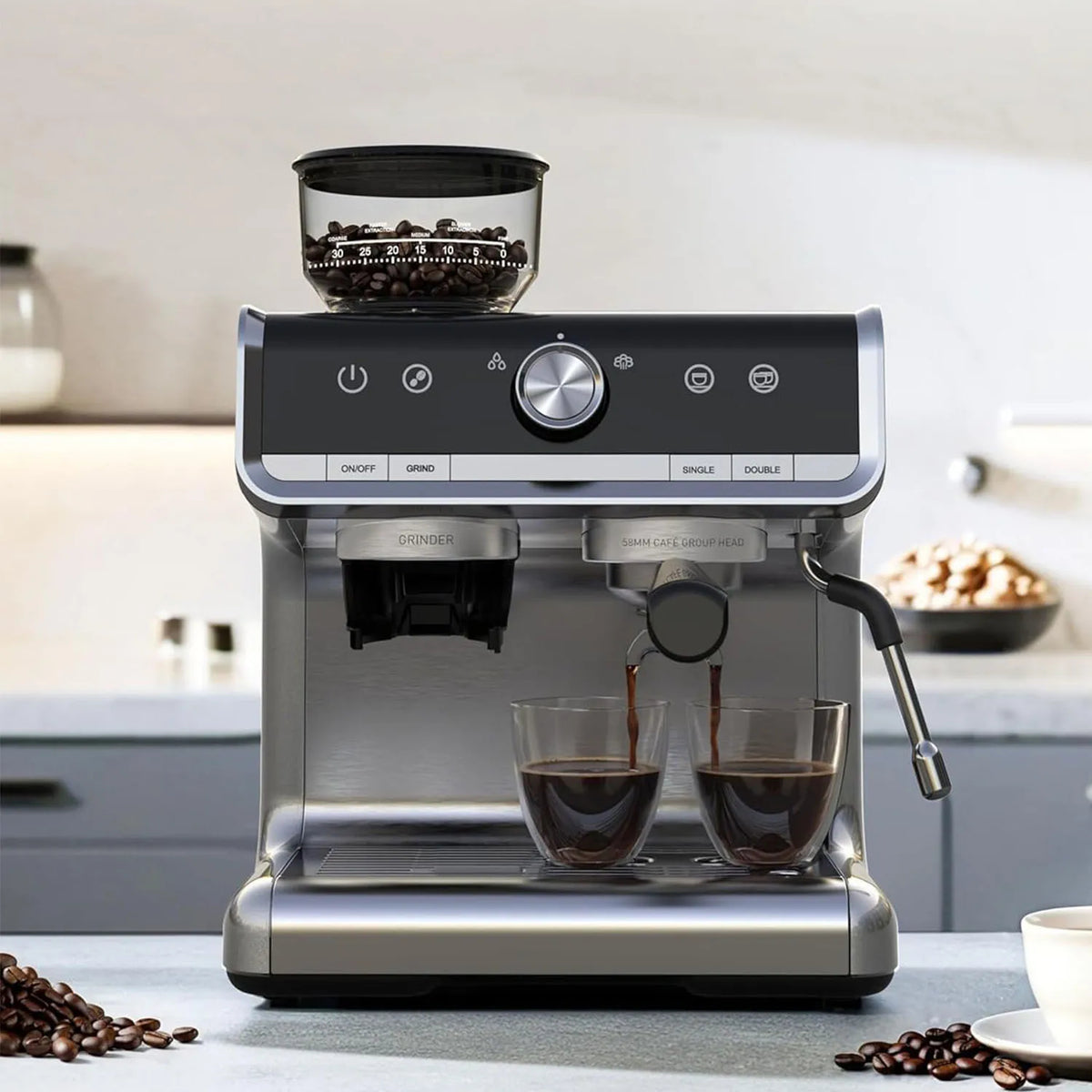 Semi-Automatic Espresso Machine with Burr Grinder, 30 Settings and Steam Wand