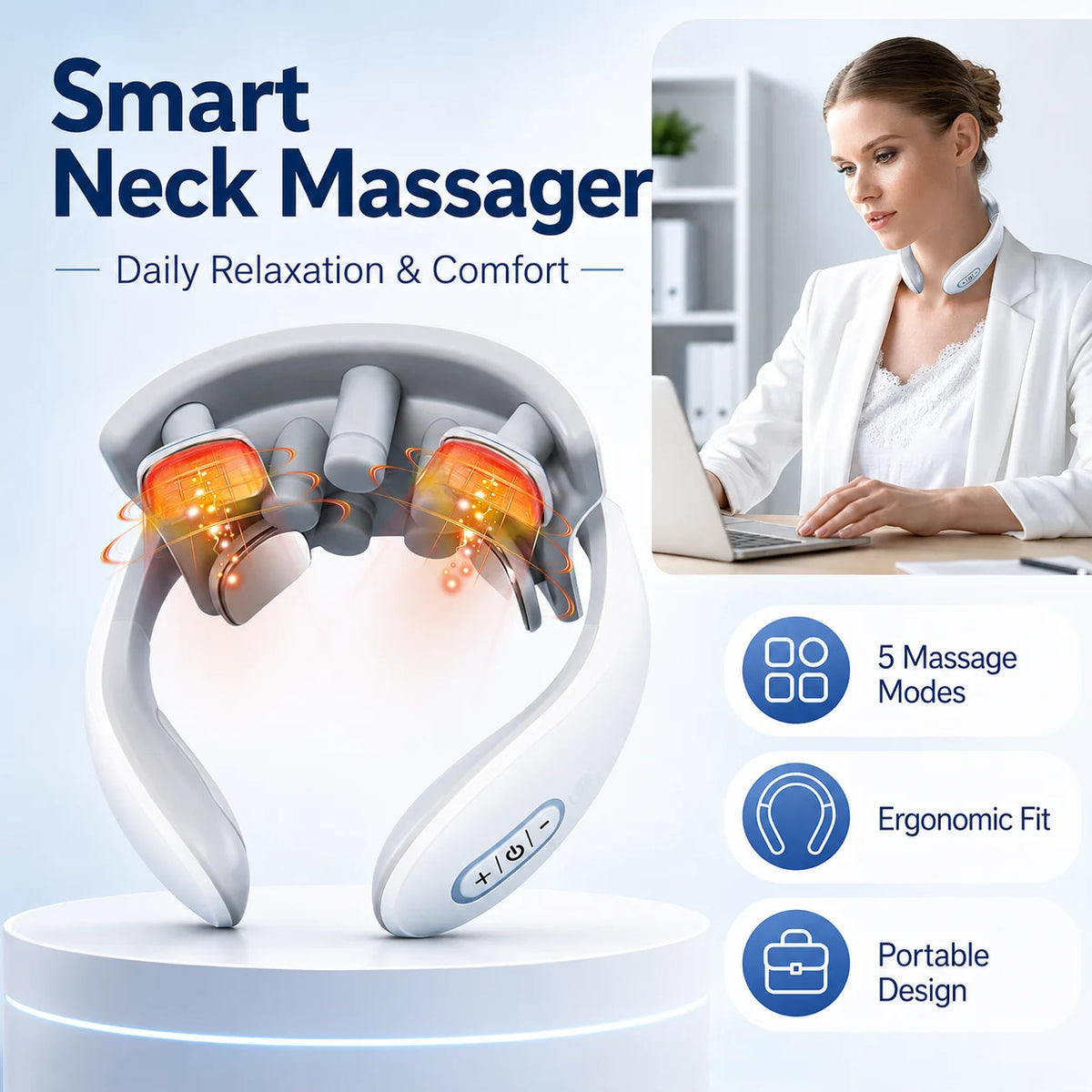 Wearable Neck Massager with Warmth and On-Device Controls