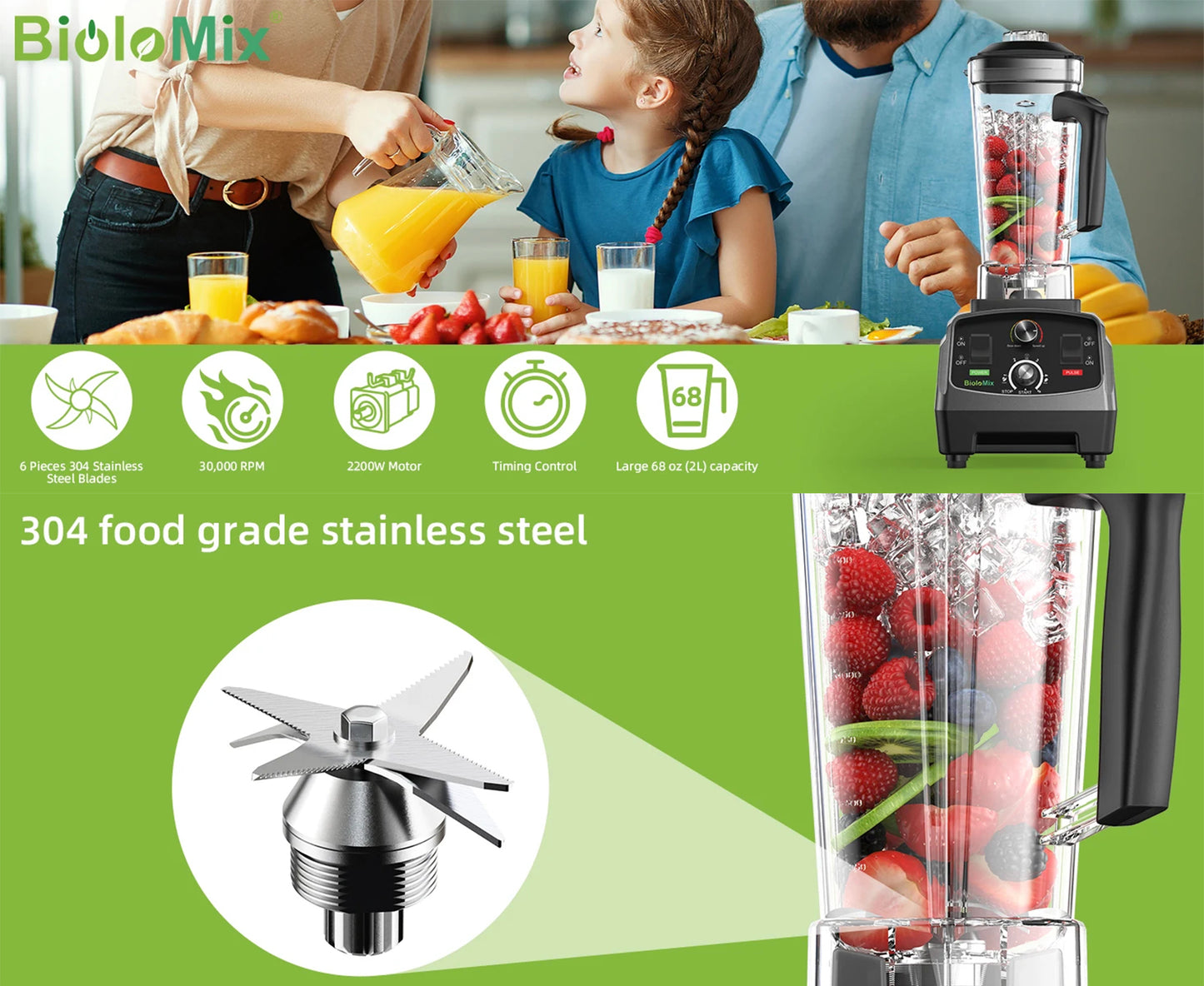 Professional Countertop Blender 2200W | 2L Jar, 6-Blade System, Timer, Ice Crushing