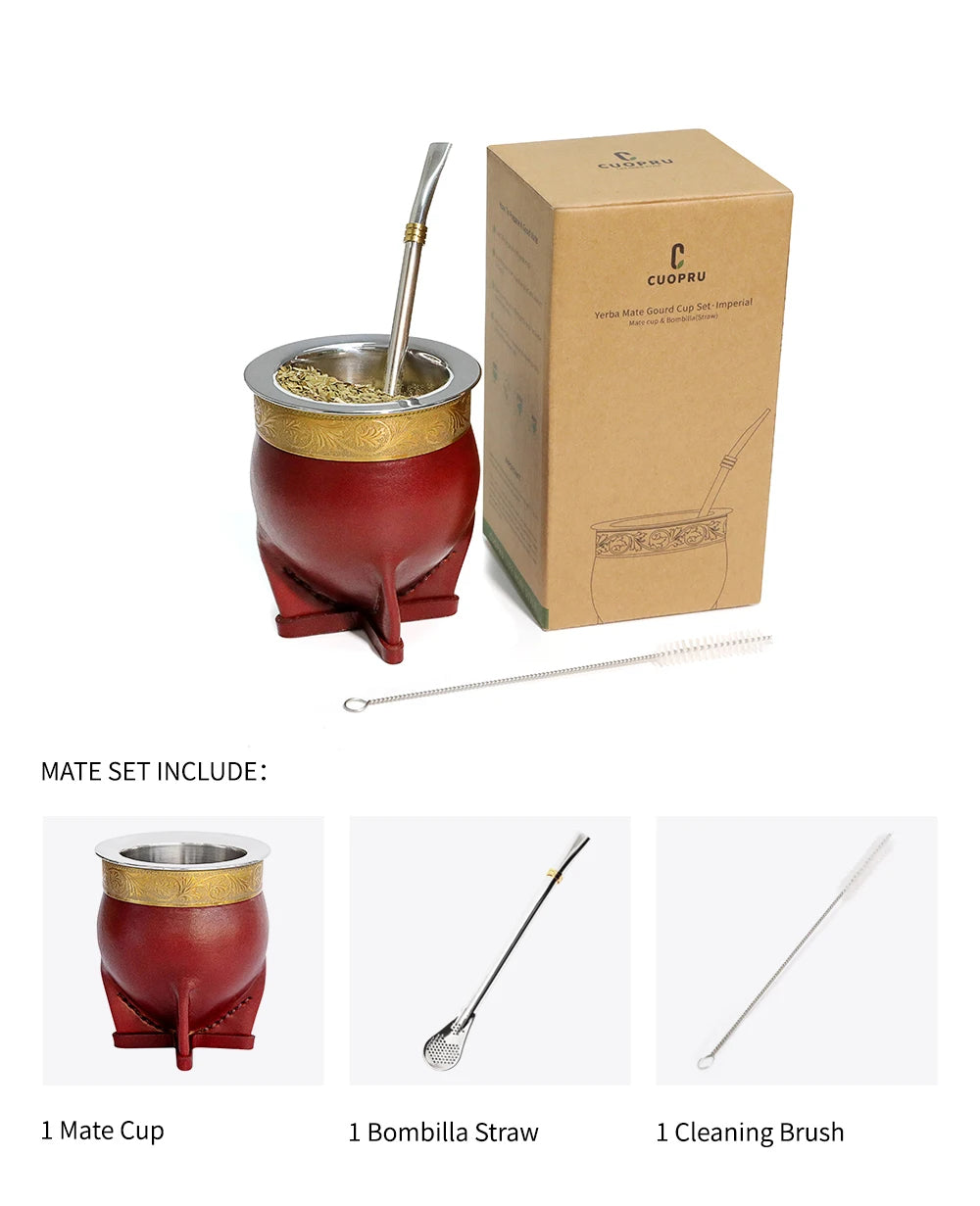 Premium Stainless Steel Yerba Mate Gourd Set | Gold Mate Cup with Bombilla Straw & Cleaning Brush