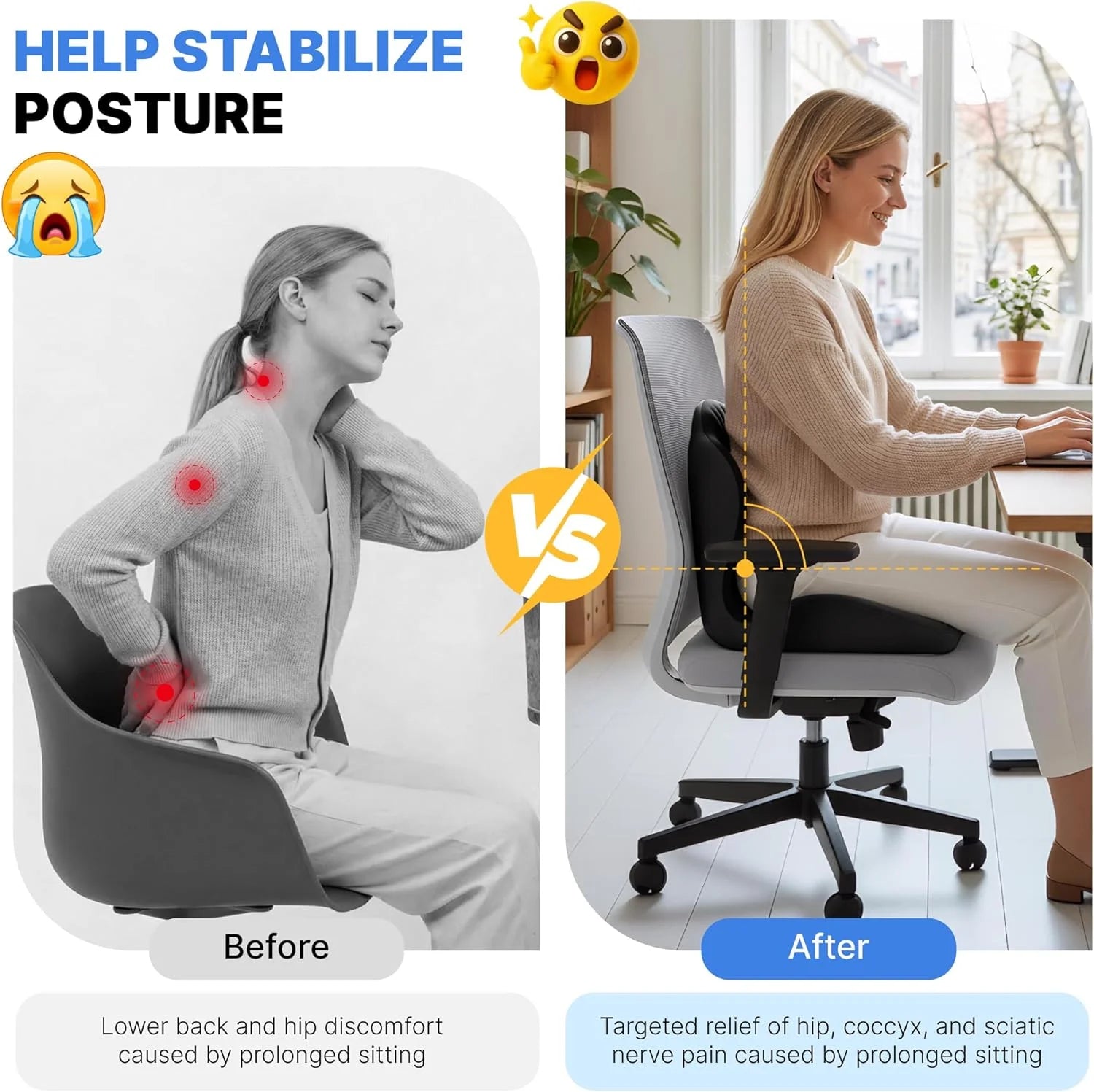 Memory Foam Seat Cushion with Lumbar Support | Ergonomic Office Chair Cushion for Back, Coccyx and Hip Support