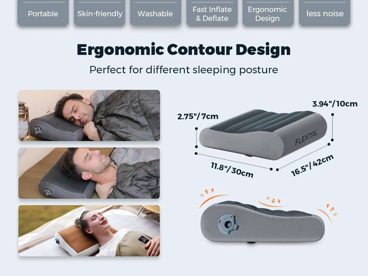 Inflatable Travel Pillow | Ergonomic Neck Support Pillow with Adjustable Height, Breathable Cover & Compact Design