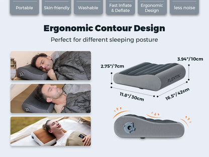 Inflatable Travel Pillow | Ergonomic Neck Support Pillow with Adjustable Height, Breathable Cover & Compact Design