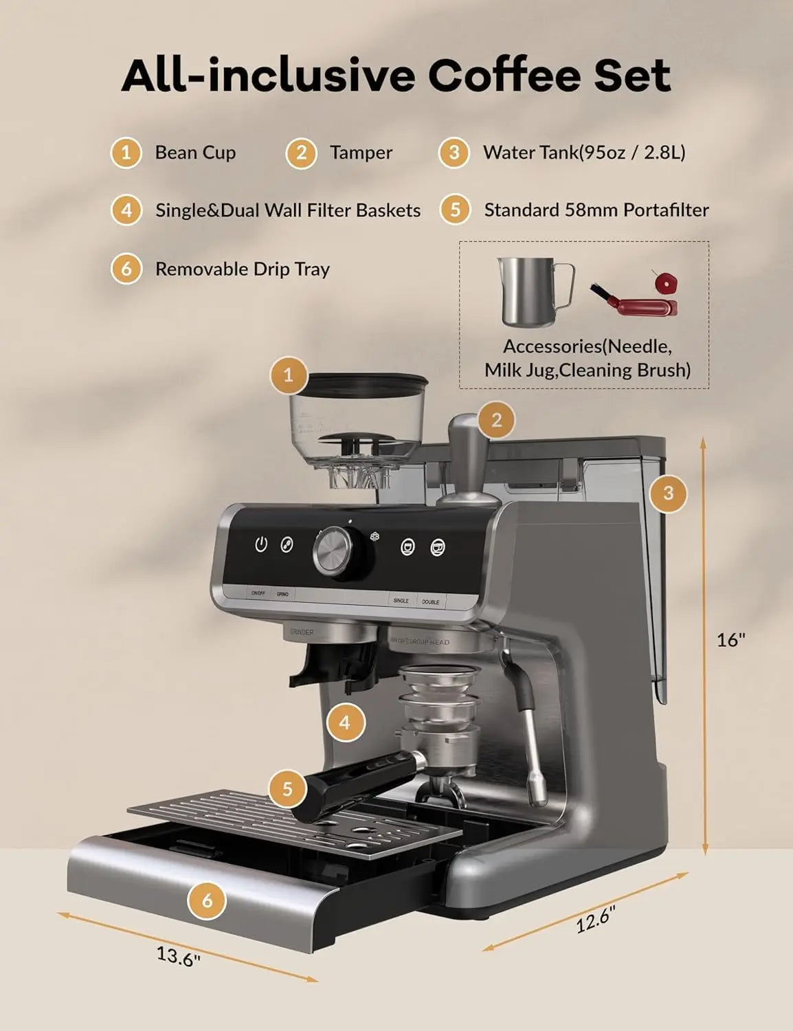 Semi-Automatic Espresso Machine with Burr Grinder, 30 Settings and Steam Wand