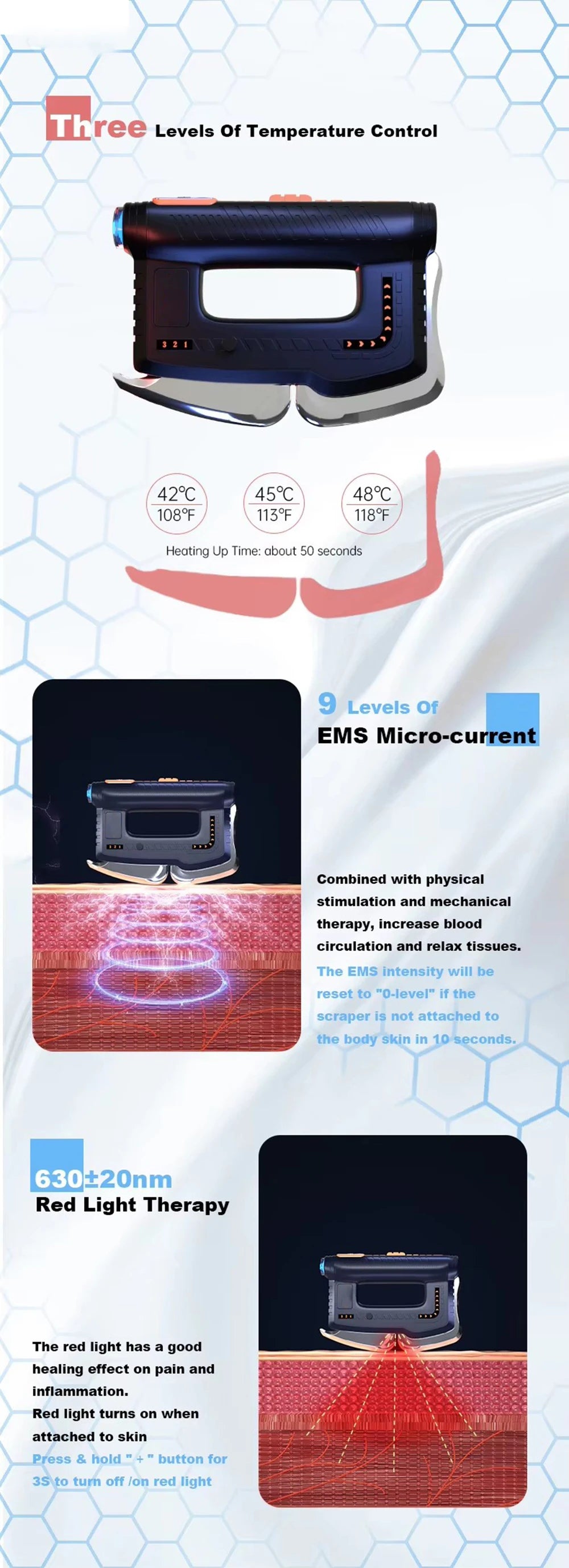 Gua Sha Fascia Scraping Tool | EMS Microcurrent Massager with Heat, Red Light & 5 Massage Blades