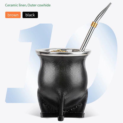Ceramic Yerba Mate Gourd Cup | Porcelain Mate Tea Cup with Bombilla Straw & Cleaning Brush for Loose Leaf Tea