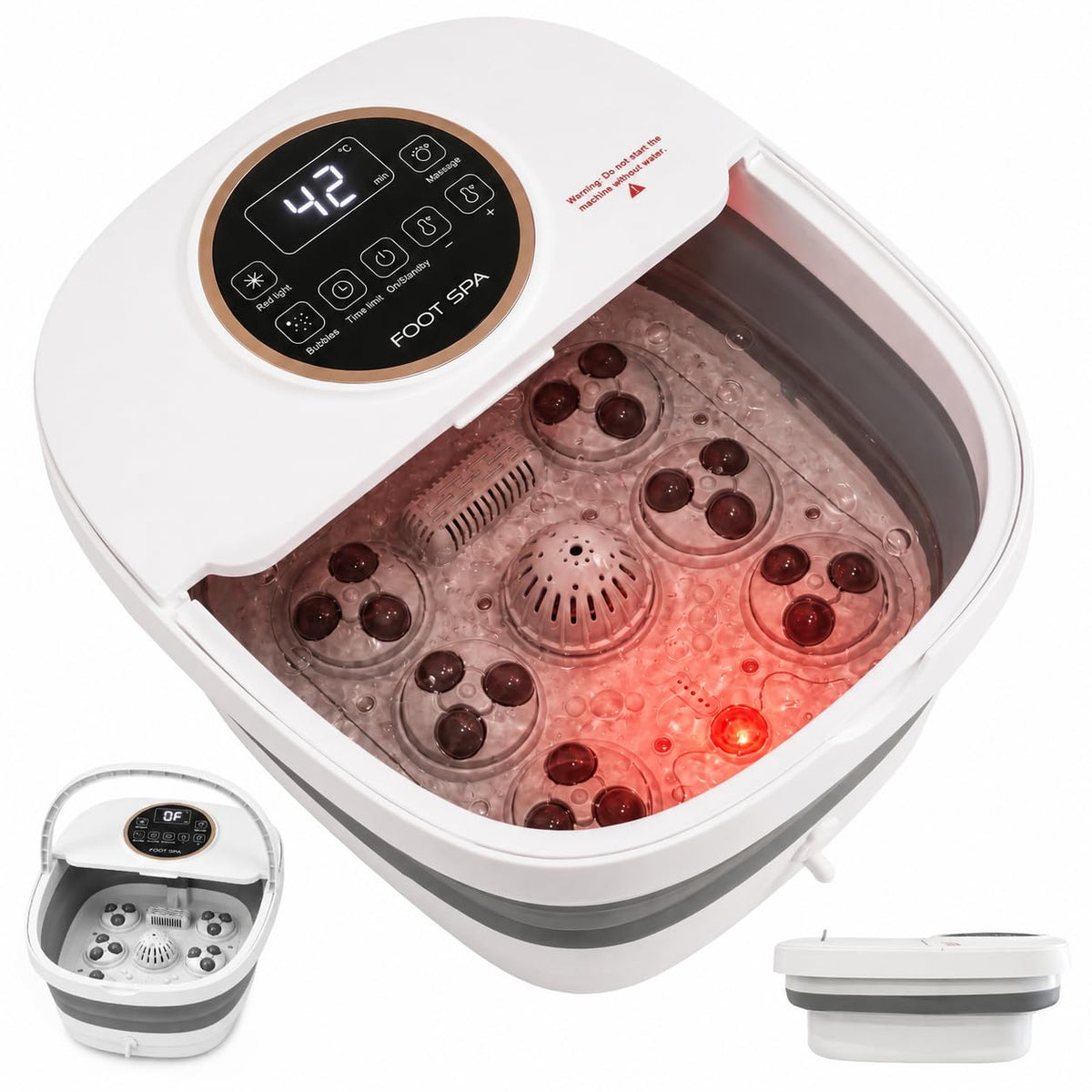 Collapsible Heated Foot Spa Bath with Motorized Rollers, Fast Heating, Bubble Jets, LCD Touch Control, Epsom Salt Ready, Fits Men’s Size 16