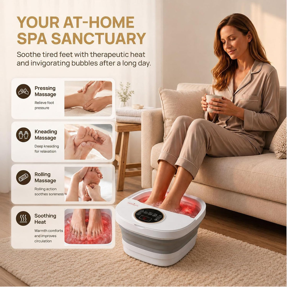 Collapsible Heated Foot Spa Bath with Motorized Rollers, Fast Heating, Bubble Jets, LCD Touch Control, Epsom Salt Ready, Fits Men’s Size 16