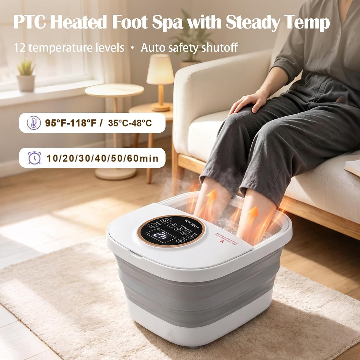 Collapsible Heated Foot Spa Bath with Motorized Rollers, Fast Heating, Bubble Jets, LCD Touch Control, Epsom Salt Ready, Fits Men’s Size 16