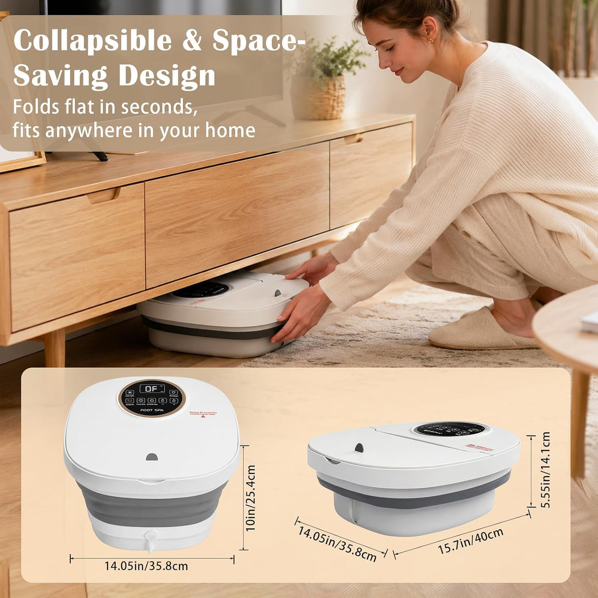 Collapsible Heated Foot Spa Bath with Motorized Rollers, Fast Heating, Bubble Jets, LCD Touch Control, Epsom Salt Ready, Fits Men’s Size 16