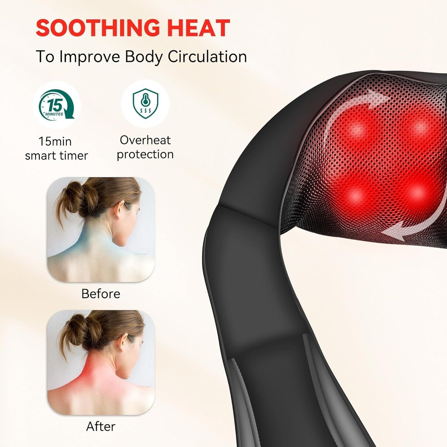 Cordless Shiatsu Neck and Shoulder Massager with Heat | 8 Kneading Nodes, 2 Intensities & 70–80 Minute Runtime