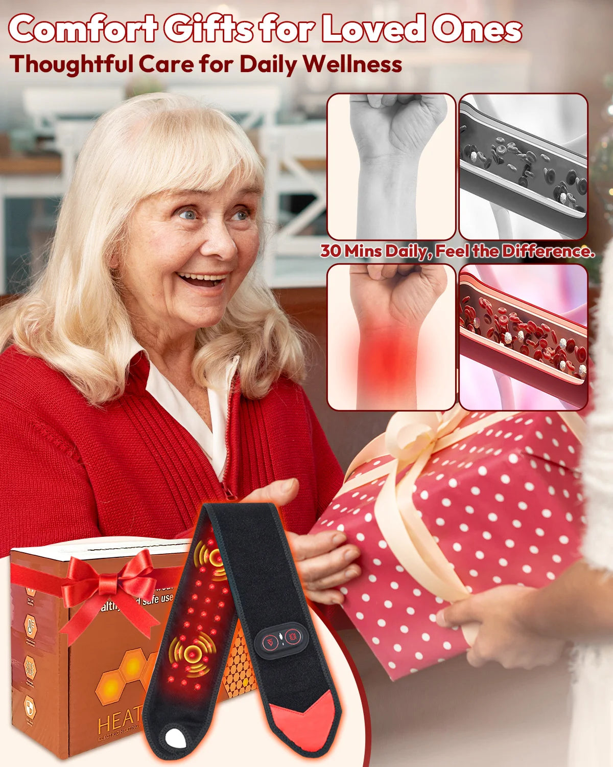 Red Light Therapy Wrap | Infrared Heating Pad with Vibration, 3 Heat Levels, USB-C Rechargeable & Adjustable Fit