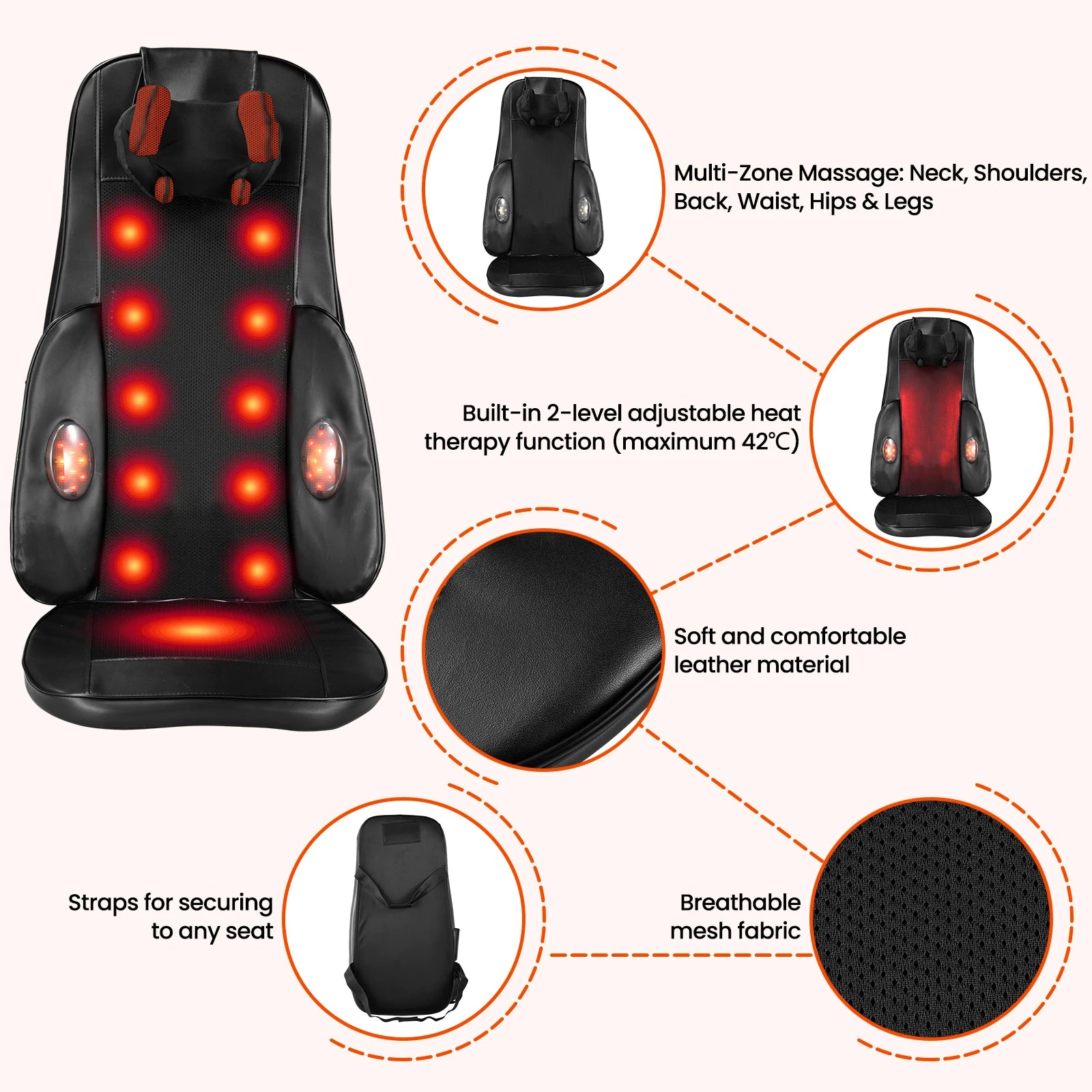 Back Massager Seat Cushion with Heat | Full Back Vibration Chair Massager for Neck, Waist, Hips & Office Chair
