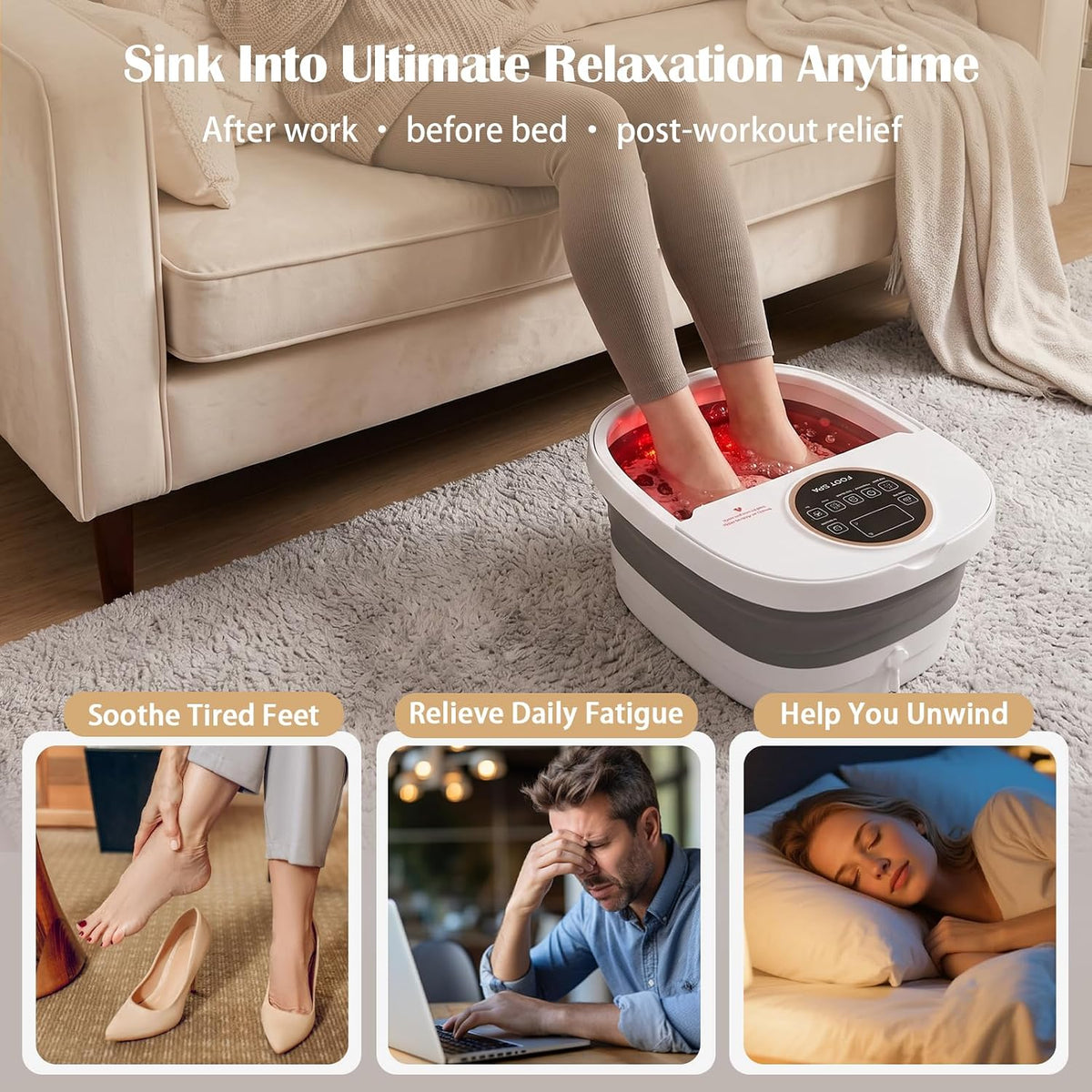 Collapsible Heated Foot Spa Bath with Motorized Rollers, Fast Heating, Bubble Jets, LCD Touch Control, Epsom Salt Ready, Fits Men’s Size 16