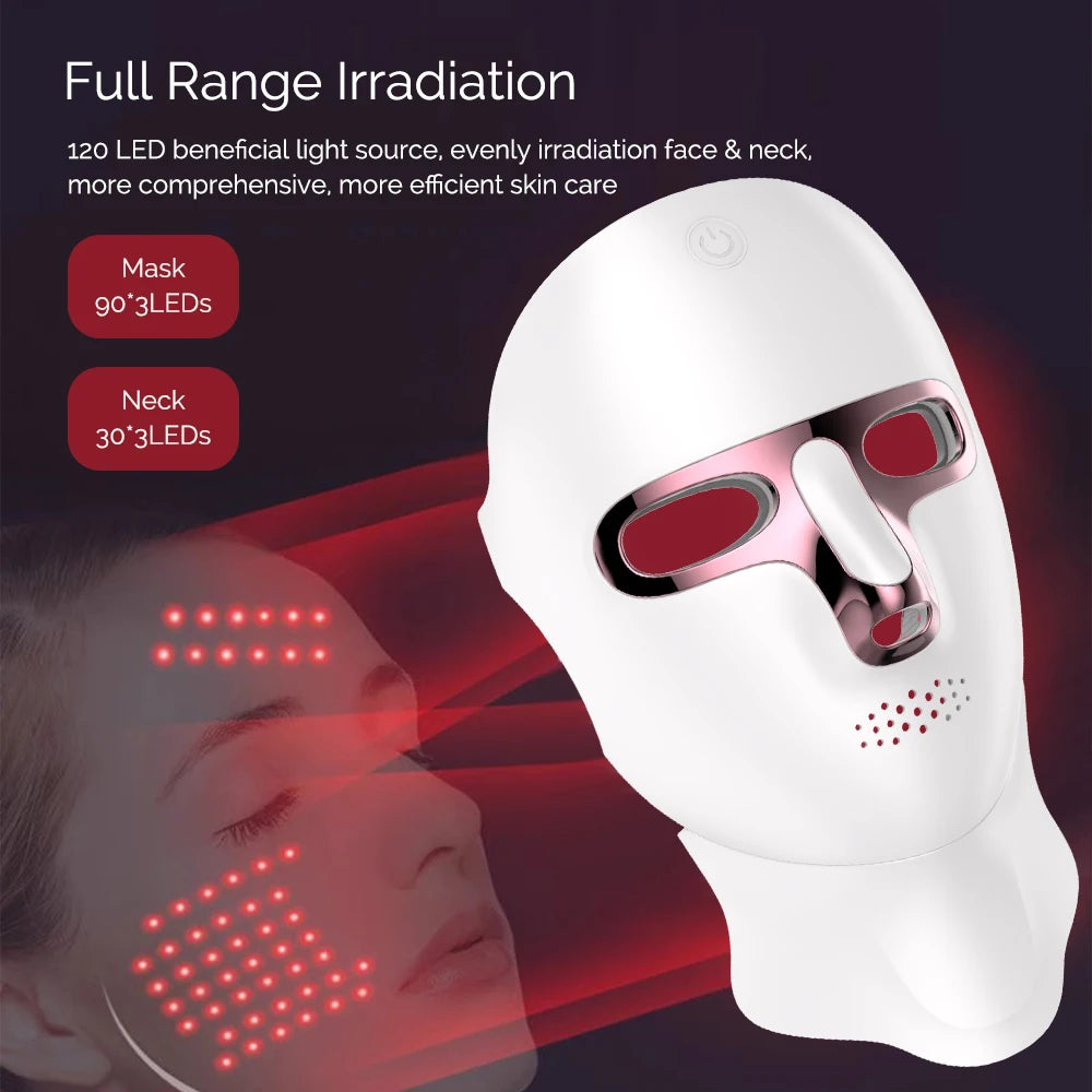 LED Face Mask with Neck Light Therapy | 7-Color Wireless Red Light Therapy Mask with 120 LEDs for Wrinkles & Acne Care