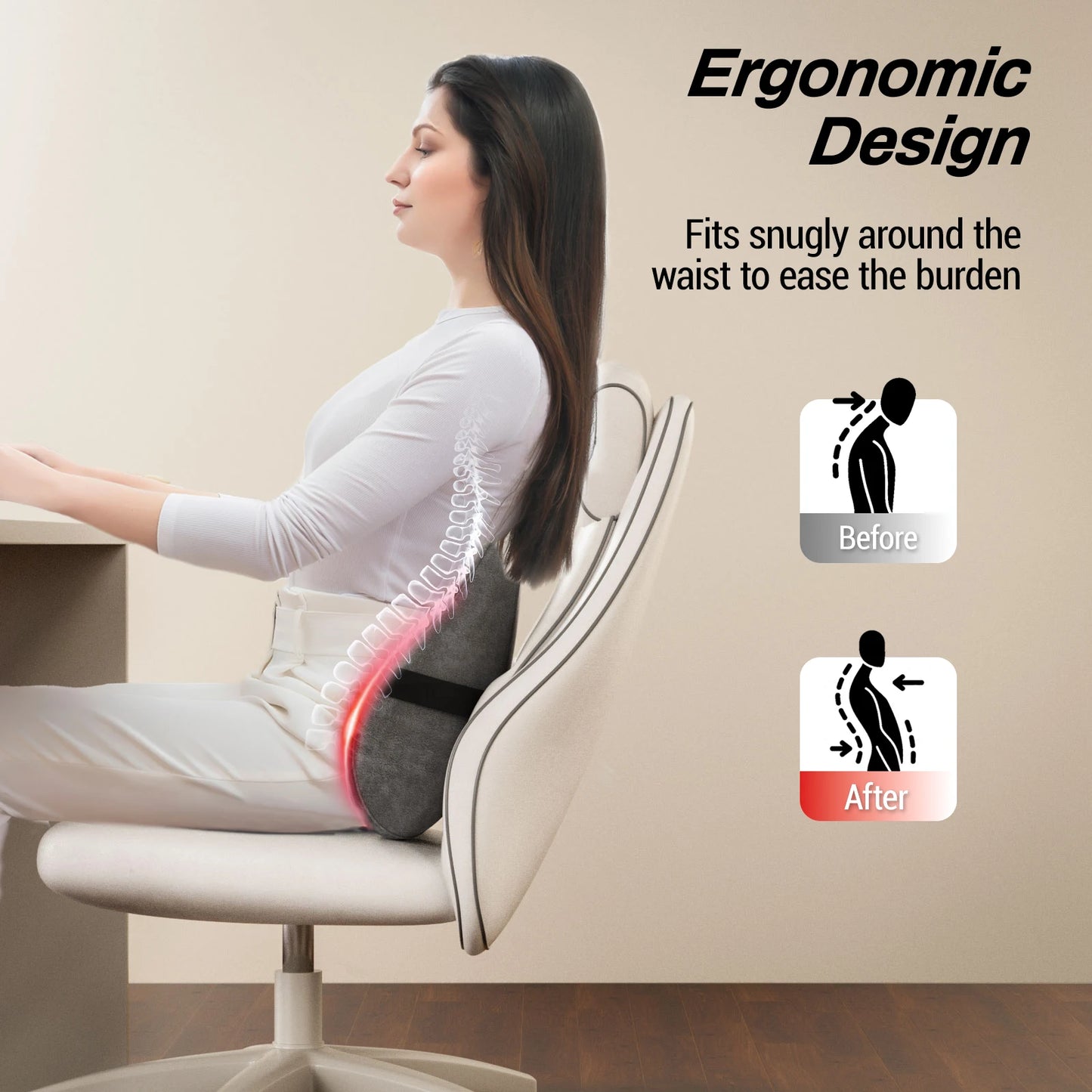 Heated Shiatsu Lumbar Support Pillow with 4 Rotating Nodes | Memory Foam Back Cushion, Reversible Kneading & Washable Cover