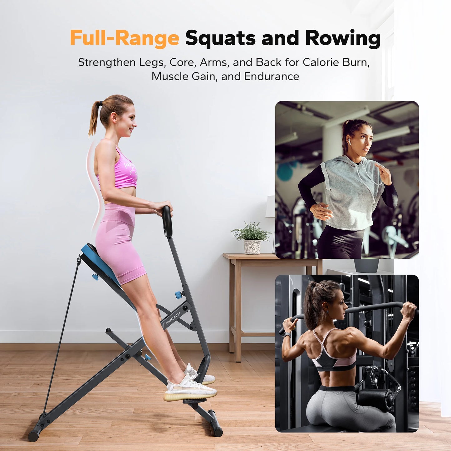Squat Rowing Machine | 2-in-1 Foldable Full Body Trainer with Adjustable Resistance, 350 lb Support