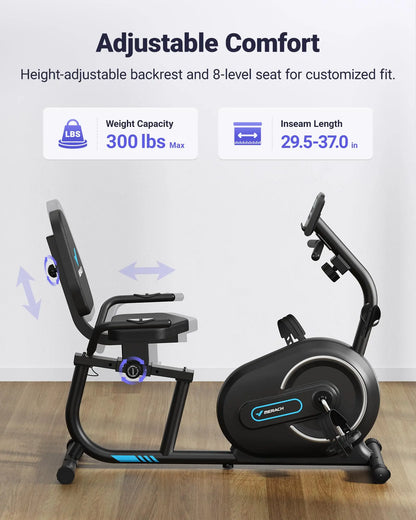 Bluetooth Recumbent Exercise Bike with 8 Magnetic Resistance Levels | Heart Rate Sensors, LCD Monitor, App Sync & 300 lb Capacity