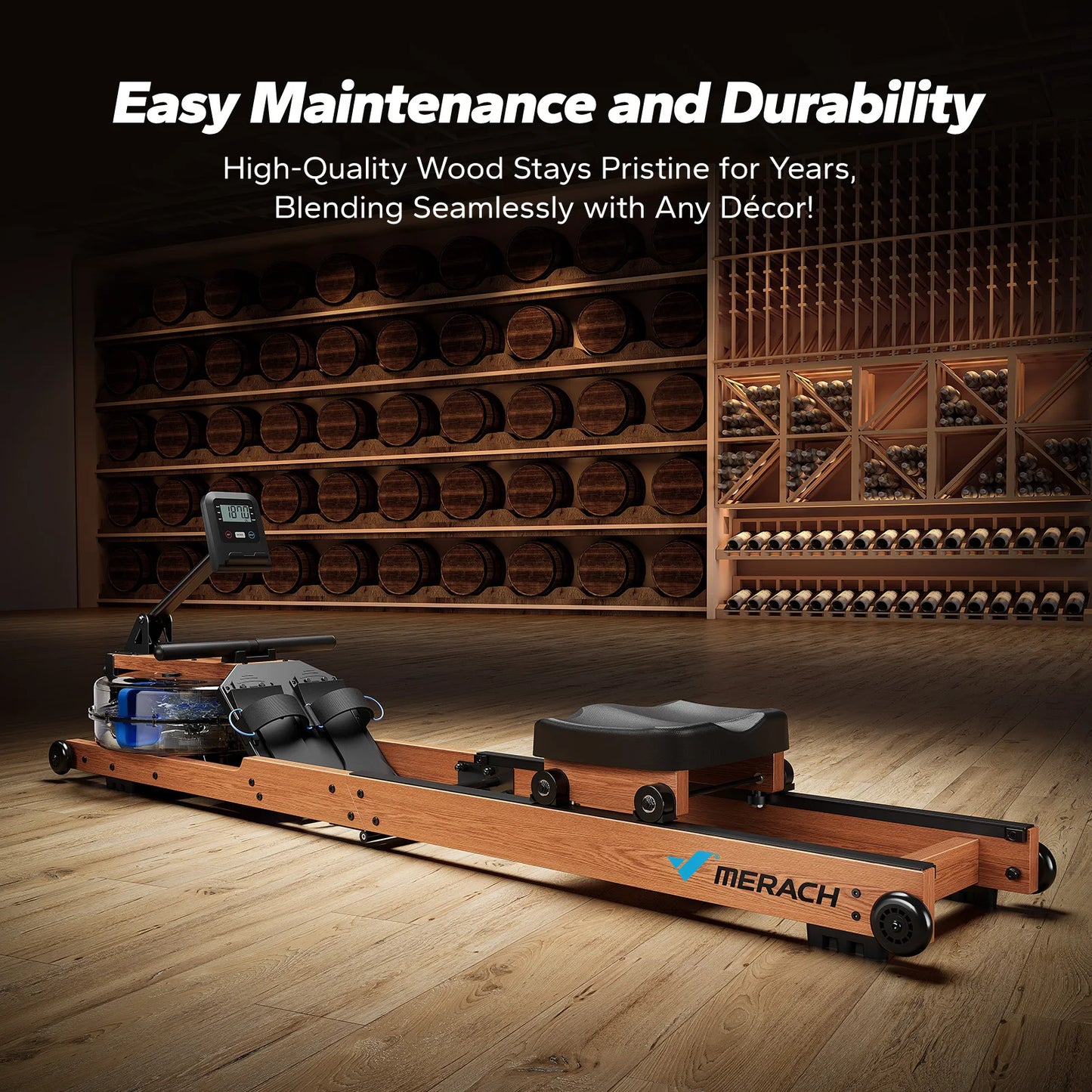 Foldable Solid Wood Water Rowing Machine | Natural Resistance, Bluetooth App, Workout Monitor, 400 lb Capacity & Upright Storage