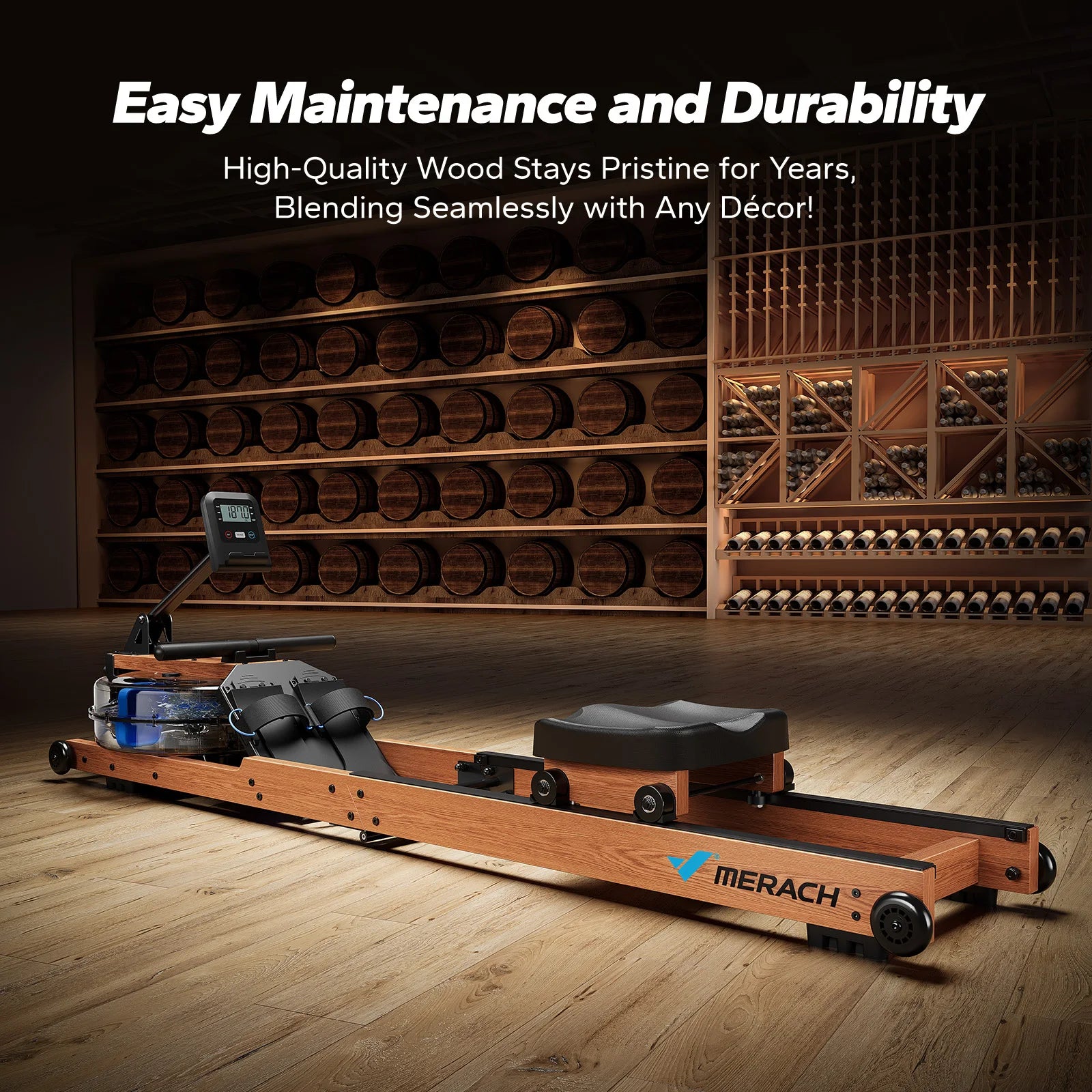Foldable Solid Wood Water Rowing Machine | Natural Resistance, Bluetooth App, Workout Monitor, 400 lb Capacity & Upright Storage