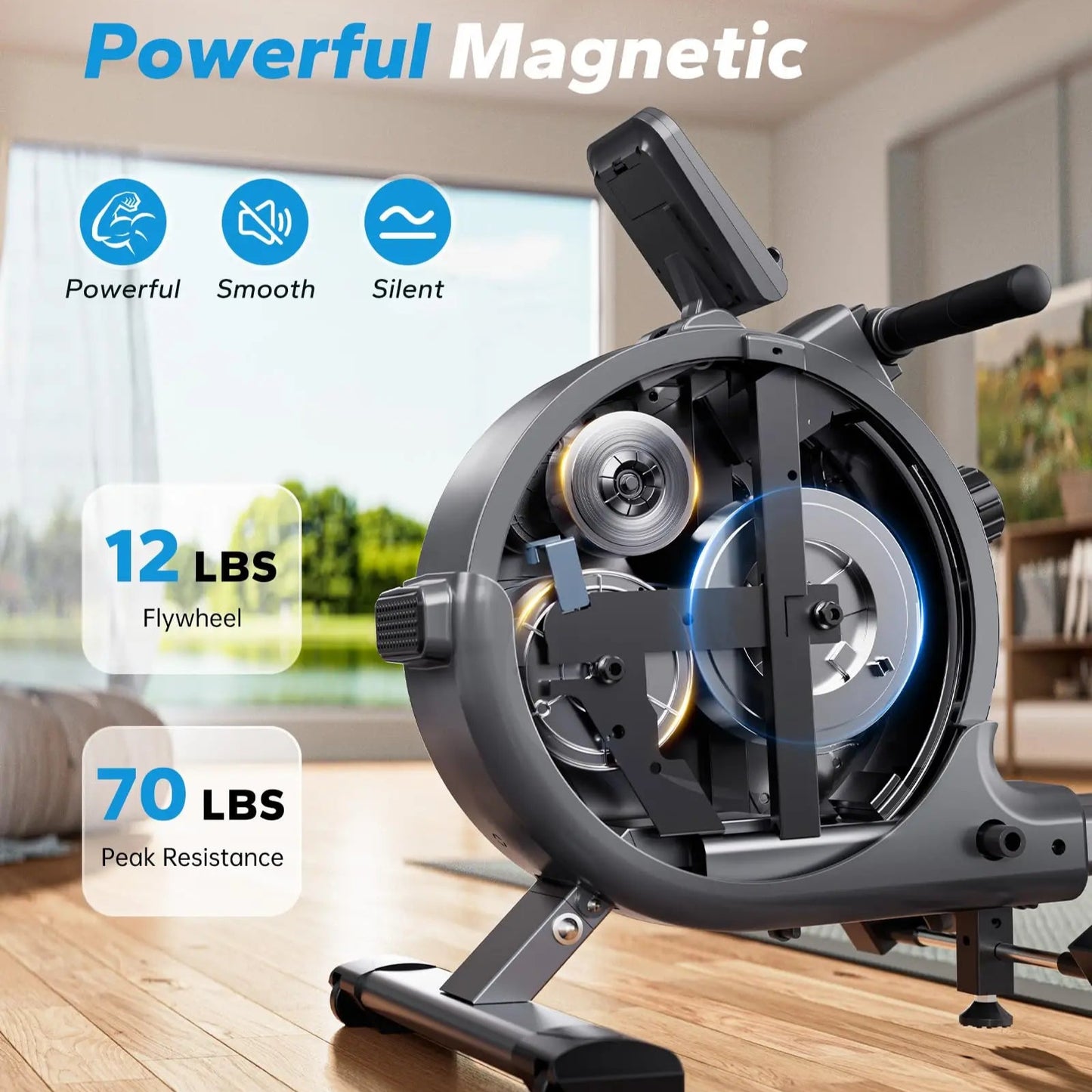 Magnetic Rowing Machine | Silent Dual-Rail Rower with App Tracking, Upright Storage & 350 LB Capacity | Compact Home Gym Full-Body Workout