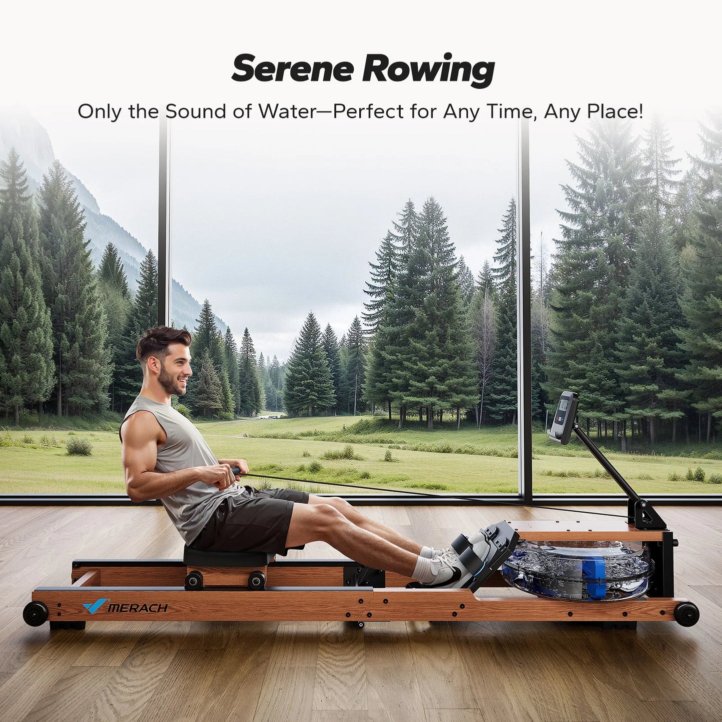 Foldable Solid Wood Water Rowing Machine | Natural Resistance, Bluetooth App, Workout Monitor, 400 lb Capacity & Upright Storage